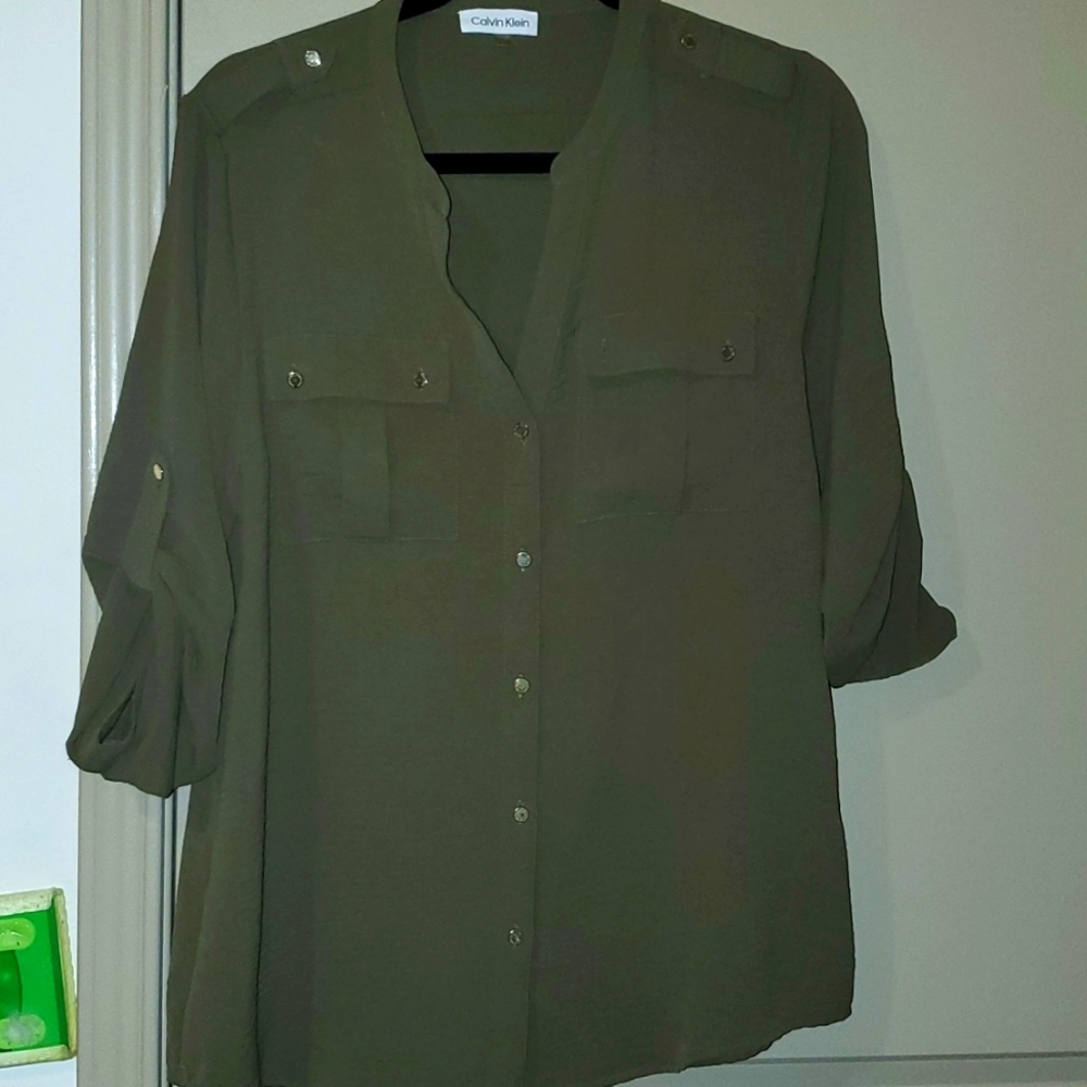 WOMENS OLIVE GREEN CALVIN KLEIN BUTTON DOWN BLOUSE / XL ( 12 )